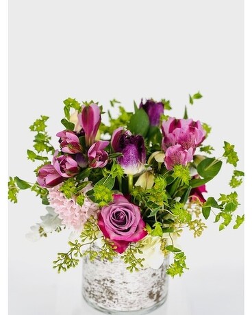 FMS Bark Cylinder Vase w/Purples, Pinks & Green Flower Arrangement