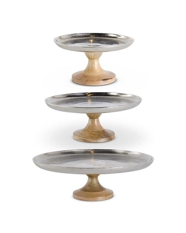 Silver Metal Cake Stand on Wood Pedestal Flower Arrangement