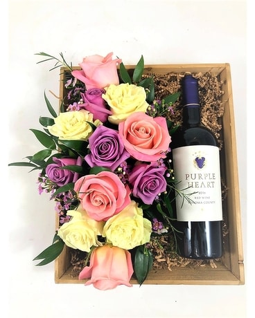Wine and Roses Gift Crate Flower Arrangement