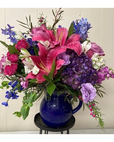 Large Ceramic Pitcher (Blue/White/Pink) Flower Arrangement