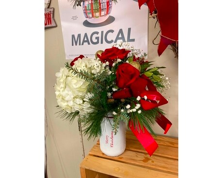 Christmas Mason Jar - Hydrangea & Red Roses Flower Arrangement