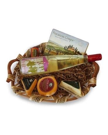 Wine and Cheese Basket Flower Arrangement