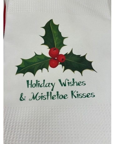 Holiday Wishes Tea Towel Flower Arrangement