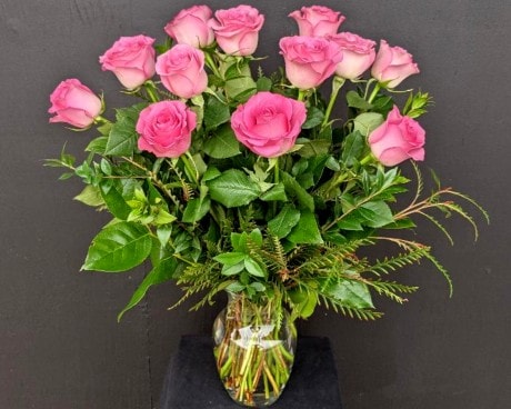 Dozen Roses arranged - Medium Pink Flower Arrangement