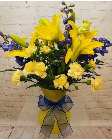 Yellow and Blue Vase Arrangement-Standard Flower Arrangement