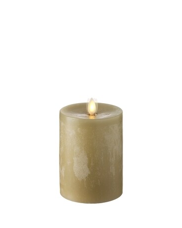 Moving Flame Taupe Chalky Pillar Candle Flower Arrangement