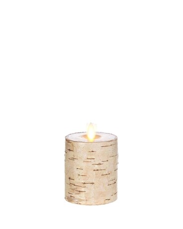 Moving Flame Birch Wrapped Pillar Candle Flower Arrangement