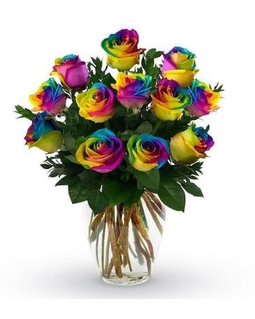 Dozen Rainbow Roses Vased Flower Arrangement
