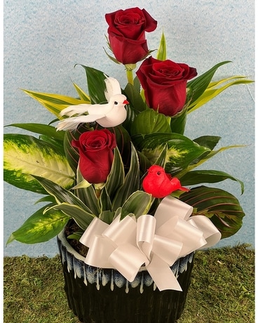Red Rose Trio Garden Flower Arrangement