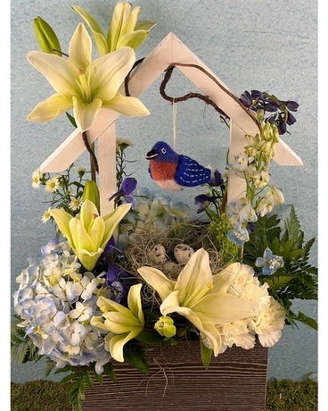 Bluebird House Flower Arrangement