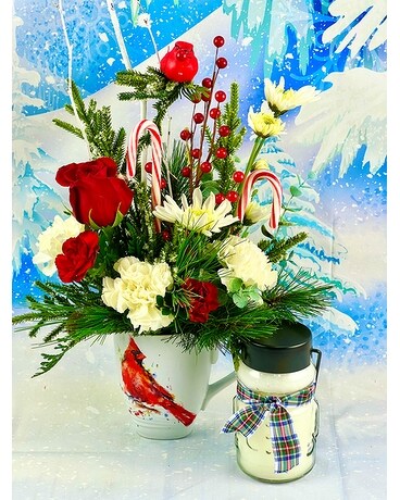 Cardinal Wishes Mug Flower Arrangement