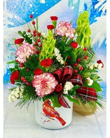 Merry Cardinals Canister Flower Arrangement