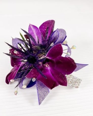 Purple Orchid Corsage With Thistle & Bracelet in Chicago IL