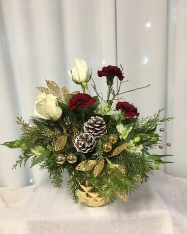 Burgundy and Gold Bowl Flower Arrangement