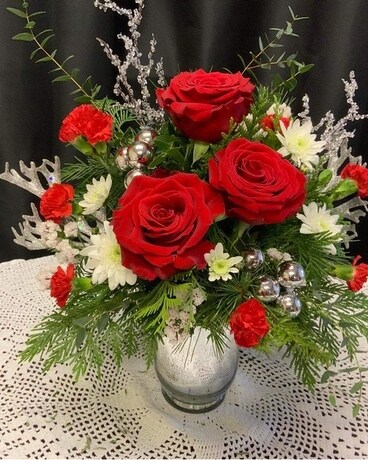 Silver Crystals in Silver Vase Flower Arrangement