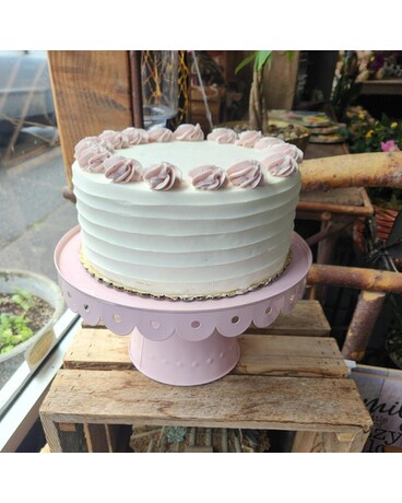 Very Berry Cake with Pink cake stand Flower Arrangement