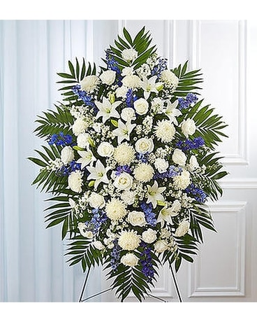 Blue & White Sympathy Standing Spray Flower Arrangement