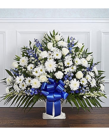 Heartfelt Tribute™ Floor Basket- Blue & White Flower Arrangement