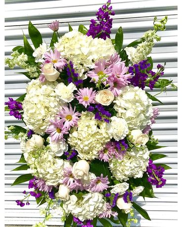 Standing Funeral Spray- Lavender & White Funeral Arrangement