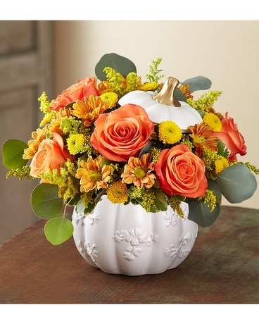 Plentiful White Pumpkin Flower Arrangement
