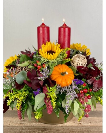 Golden Harvest Candle Centerpiece Flower Arrangement
