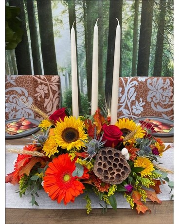 Autumn Abundance Centerpiece with Candles Flower Arrangement