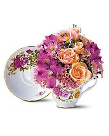 Pink Roses Teacup Bouquet Flower Arrangement