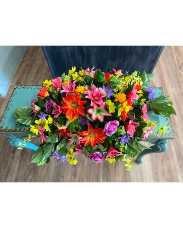 Faux Grave Blanket Flower Arrangement