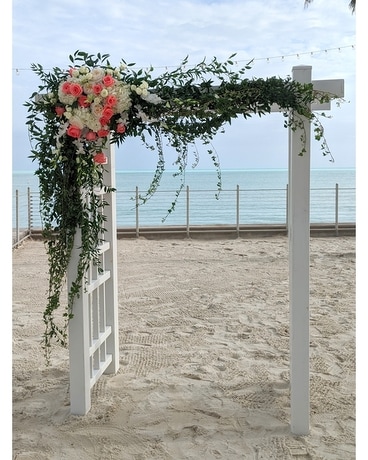 White and coral arch corner Wedding Arrangement