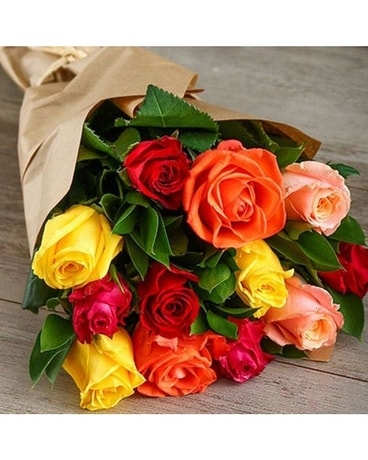 Dozen Mixed Roses Cut and wrapped Flower Arrangement