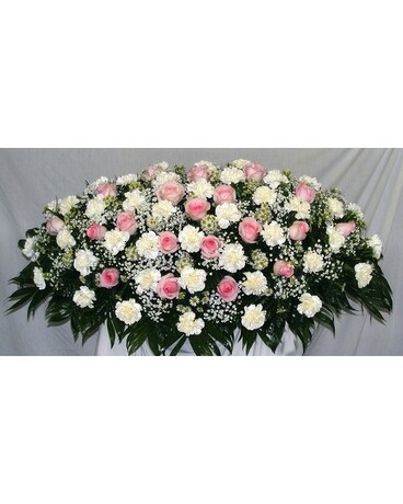 Overhead Spray of Pink Roses and White Carnations Funeral Casket Spray Flowers