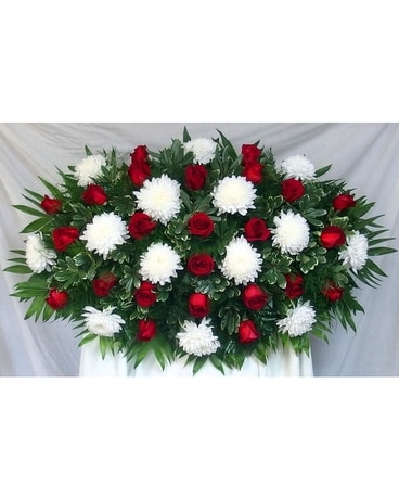 Overhead Spray of Red Roses and White Cremons Funeral Casket Spray Flowers