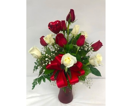 1 Dozen Red & White Roses Flower Arrangement