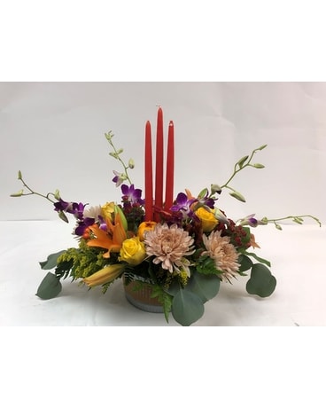 Three Candle Centerpiece Flower Arrangement