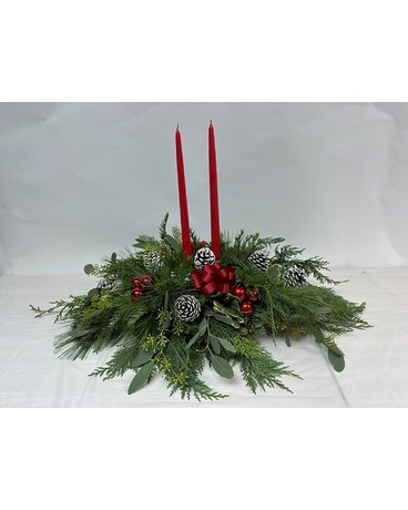 Two Candle Winter Greens Centerpiece Flower Arrangement