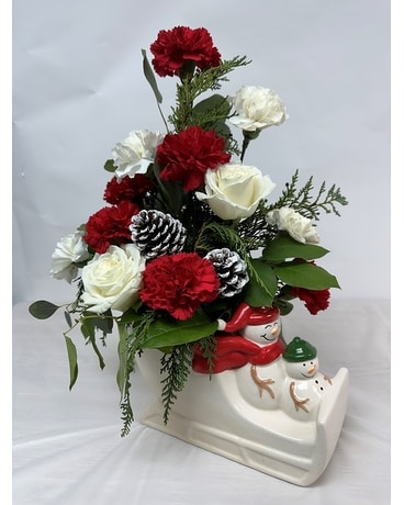 Ceramic Snowman Sleigh Flower Arrangement