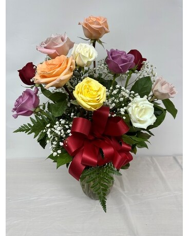 V248 Dozen Mixed Colored Roses Flower Arrangement