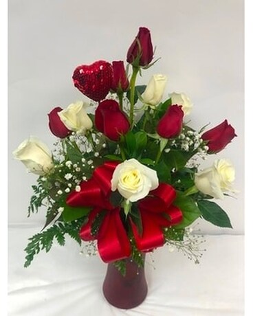 1 Dozen Red & White Roses Flower Arrangement