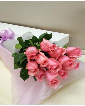 Twelve Pink Roses in a box Flower Arrangement