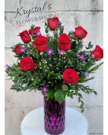 Red Roses Luv Purple Flower Arrangement