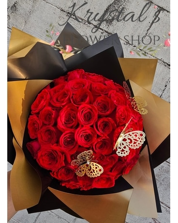50 Red Rose Buchon  w/Blk paper wrapped Flower Arrangement