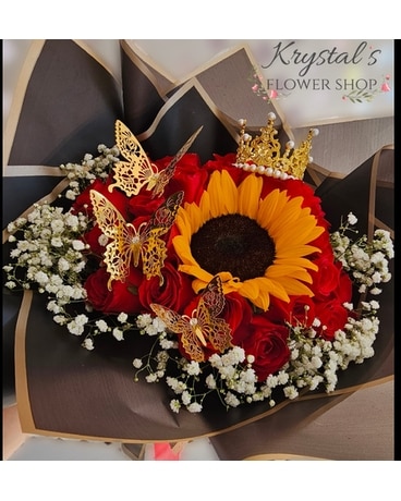 24 RedRose& Sunflower Bqt w/ butterfilies & Crown Flower Arrangement