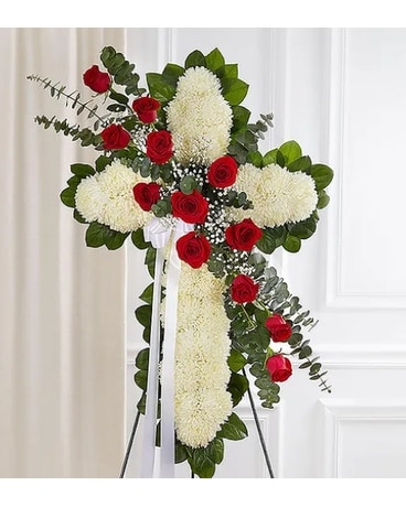 Peace & Prayer Cross Red & White Sympathy Arrangement