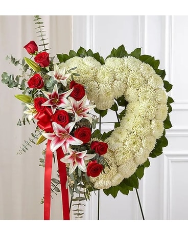 Red Rose and Lily Open Heart Standing Spray Sympathy Arrangement