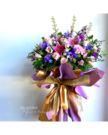 GRAND OPENING FLOWER STAND - PURPLE AND GOLD Specialty Arrangement