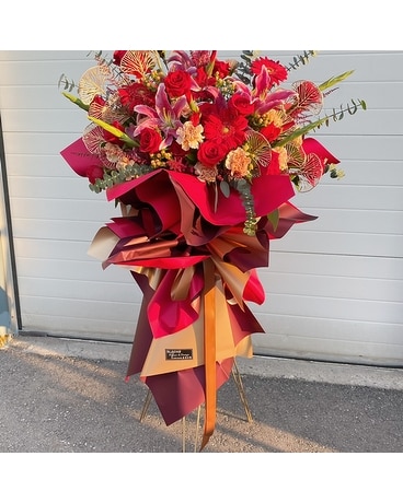 Morden Grand Opening Flower Stand - Red & Gold Specialty Arrangement