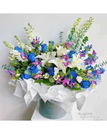Premium White and Blue Flower Box Specialty Arrangement