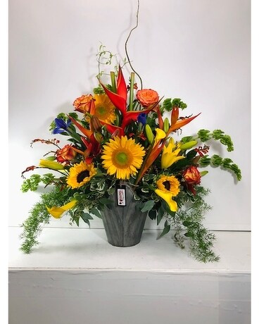 Sunshine in Paradise Tin Basket Flower Arrangement