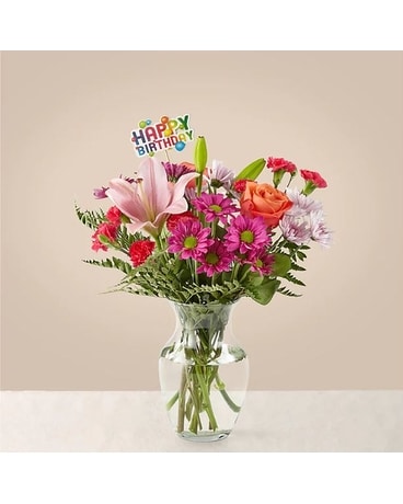 Happy Birthday Flowers with Topper & Bow Flower Arrangement