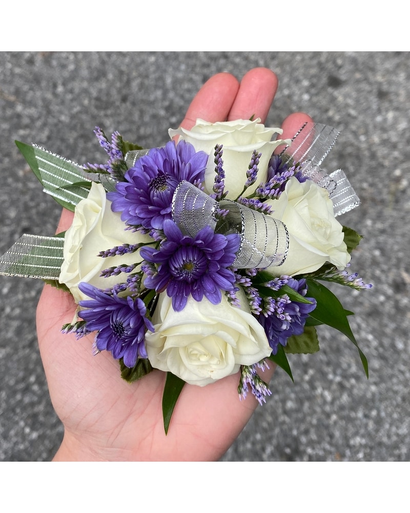 Wrist Corsage - Purple and White in Exton PA - Blossom Boutique